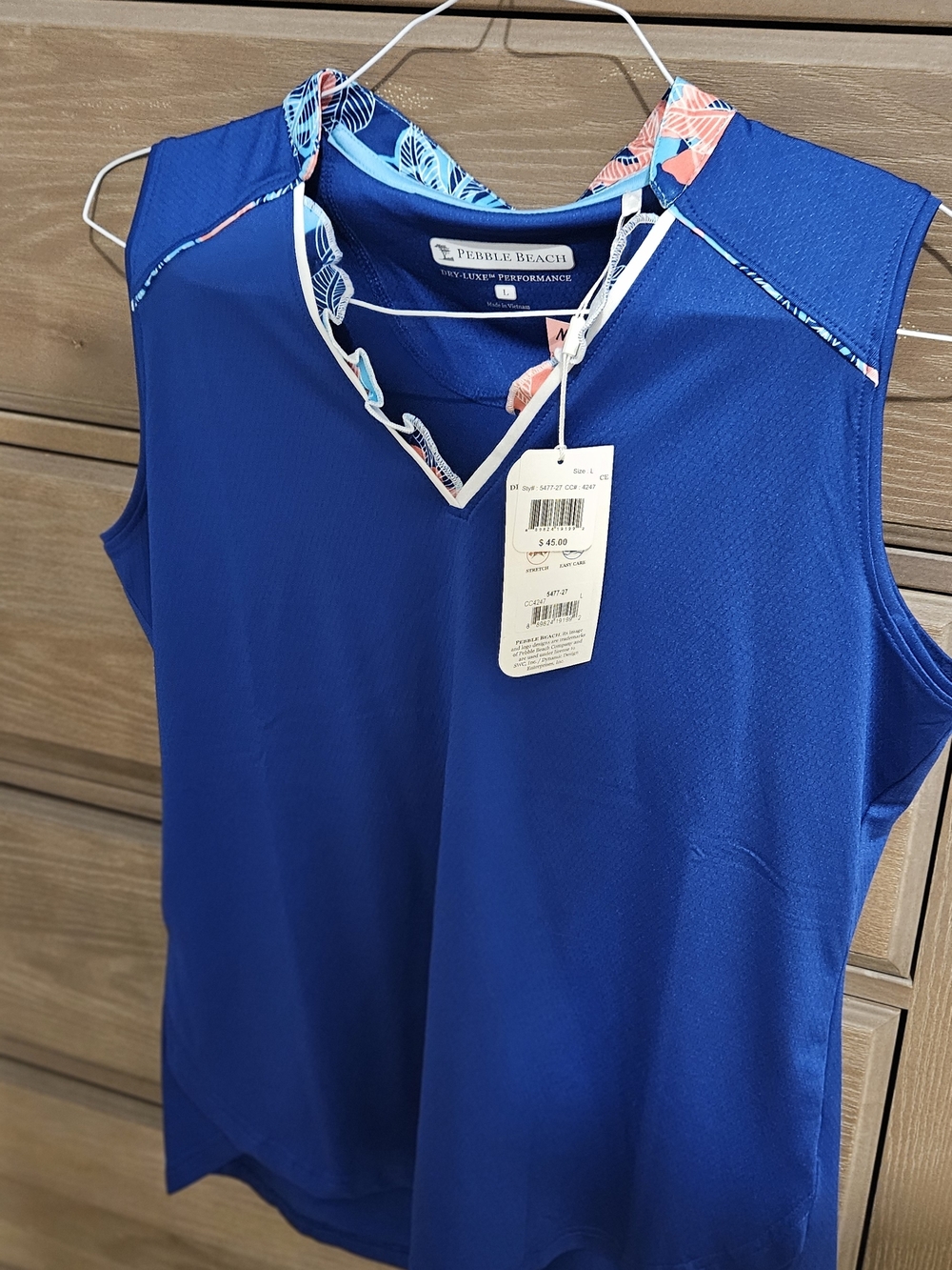 Pebble Beach Royal Blue Sleeveless Performance Top with Coral & White Trim